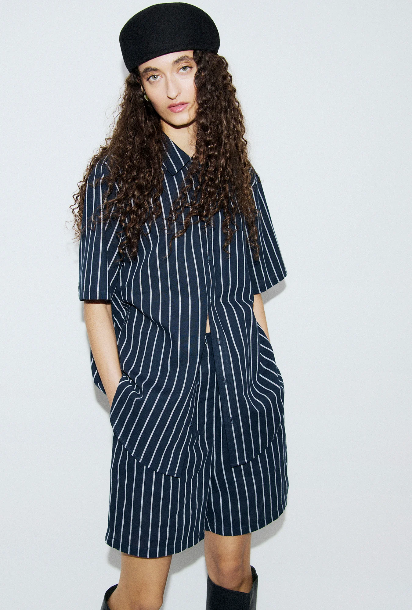 Cotton Short Sleeve Boyfriend Shirt Egret Stripe - Image 2
