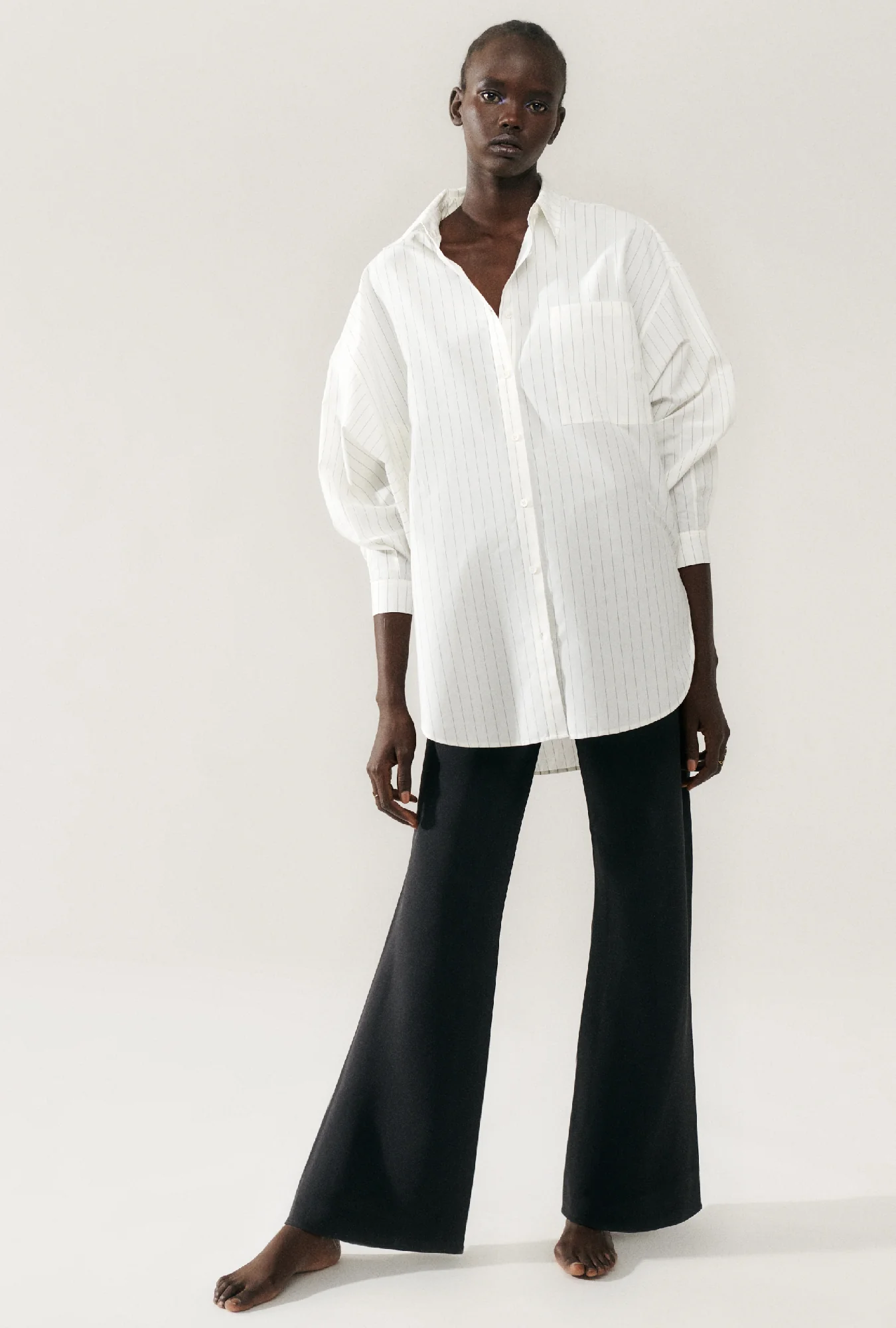 Cotton Silk Round Shirt White Pinstripe - Image 2