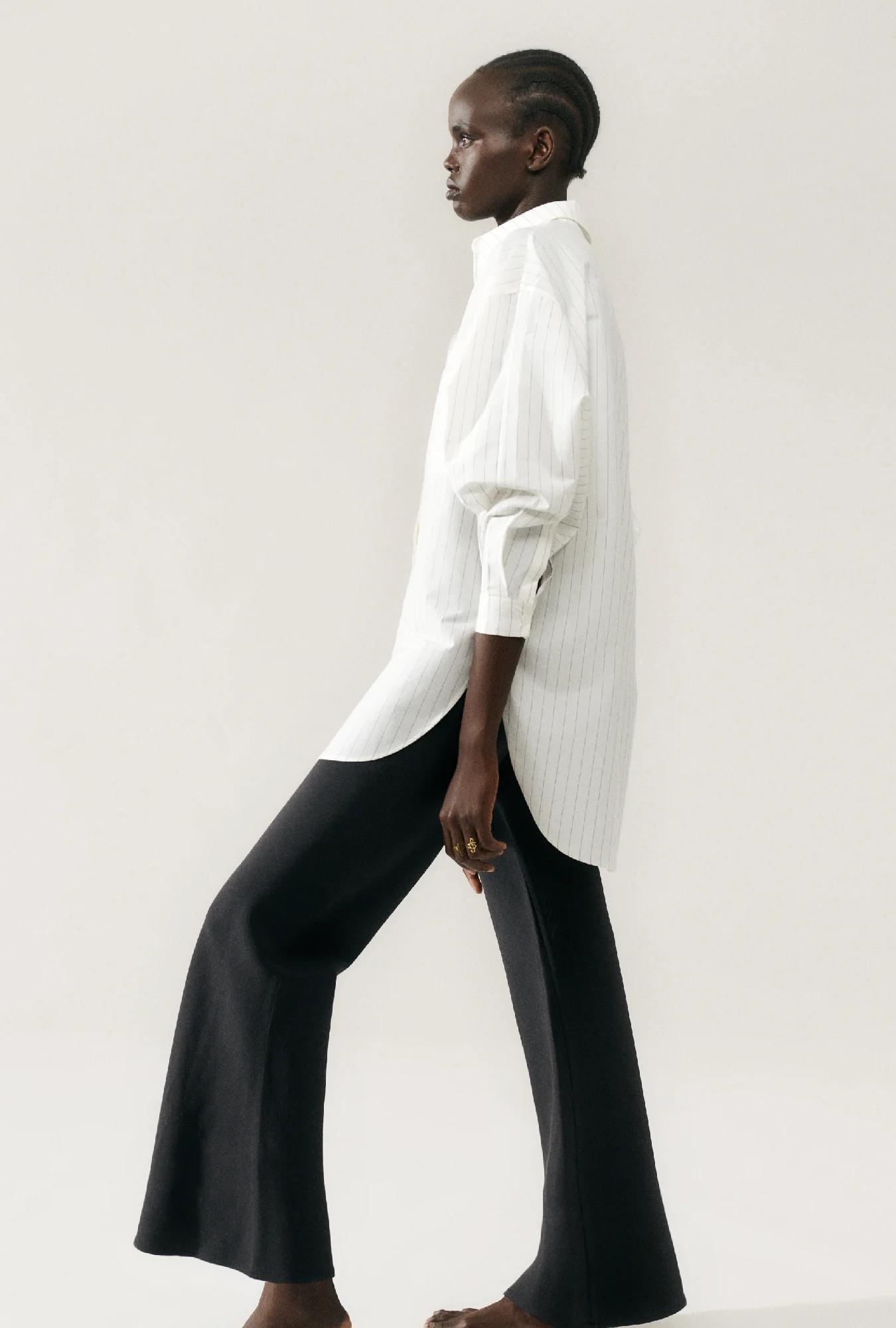 Cotton Silk Round Shirt White Pinstripe - Image 3