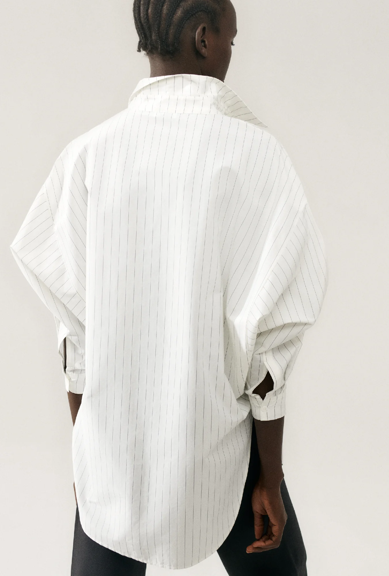 Cotton Silk Round Shirt White Pinstripe - Image 4