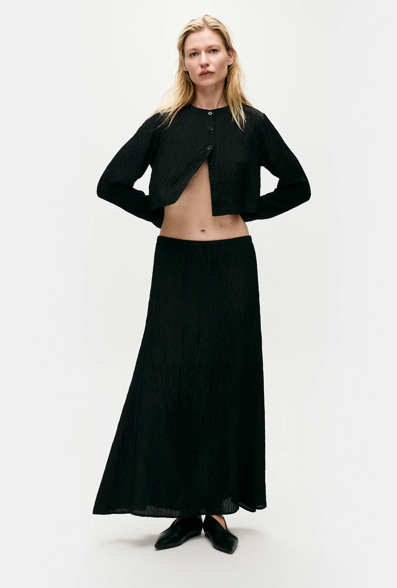 Crinkle Long Bias Cut Skirt Black - Image 2