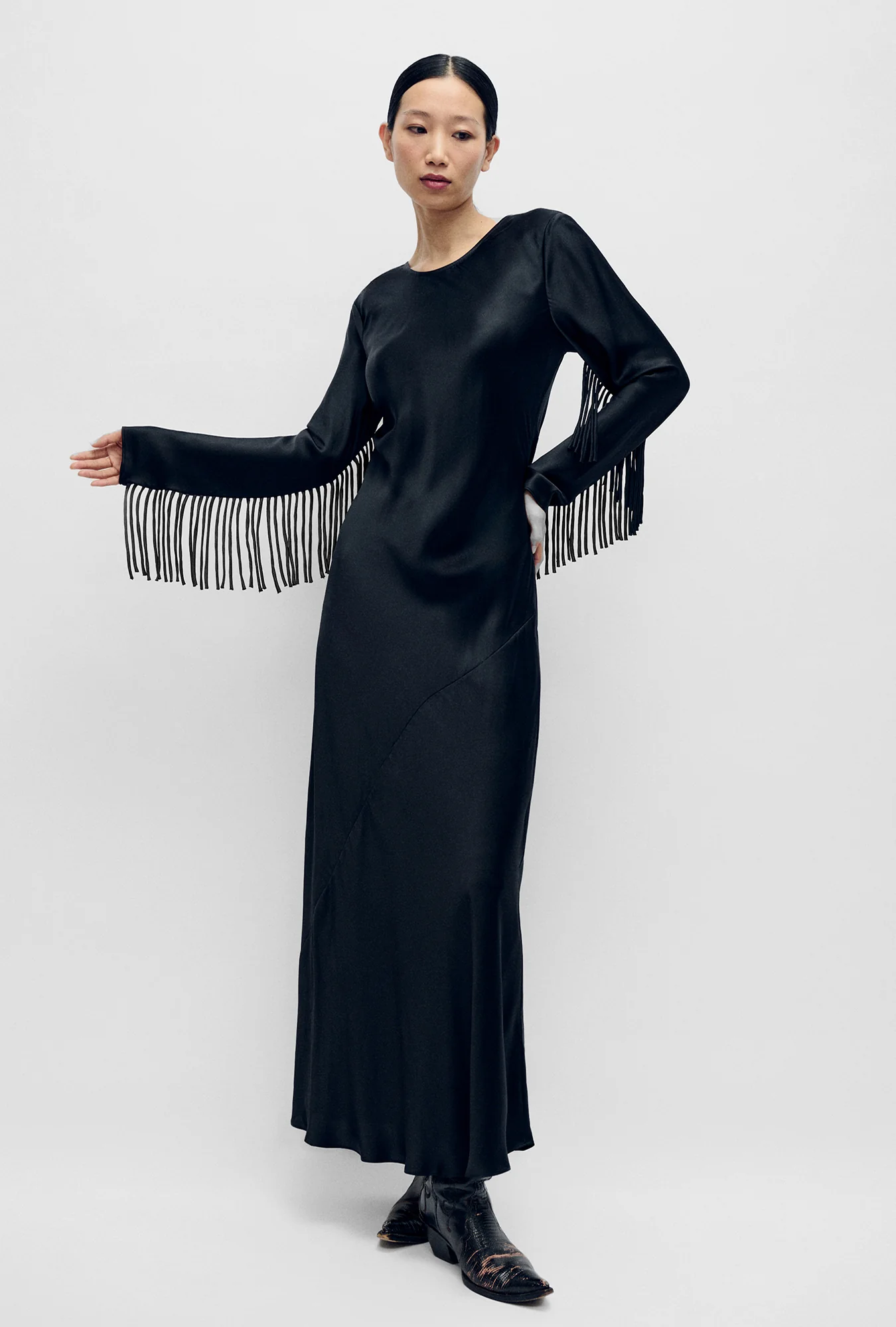 Fringe Full Sleeve Bias Dress Black - Image 2