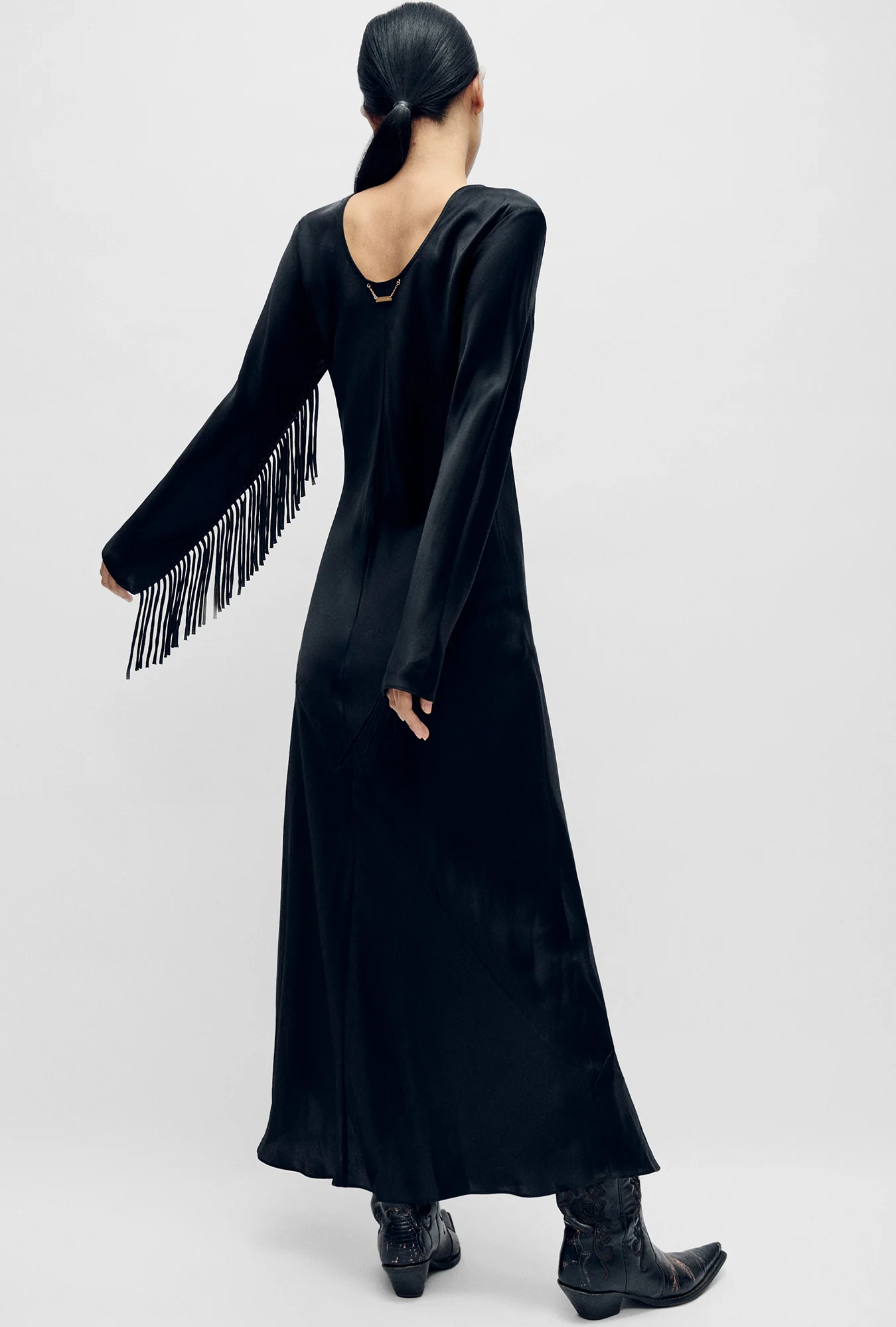 Fringe Full Sleeve Bias Dress Black - Image 3