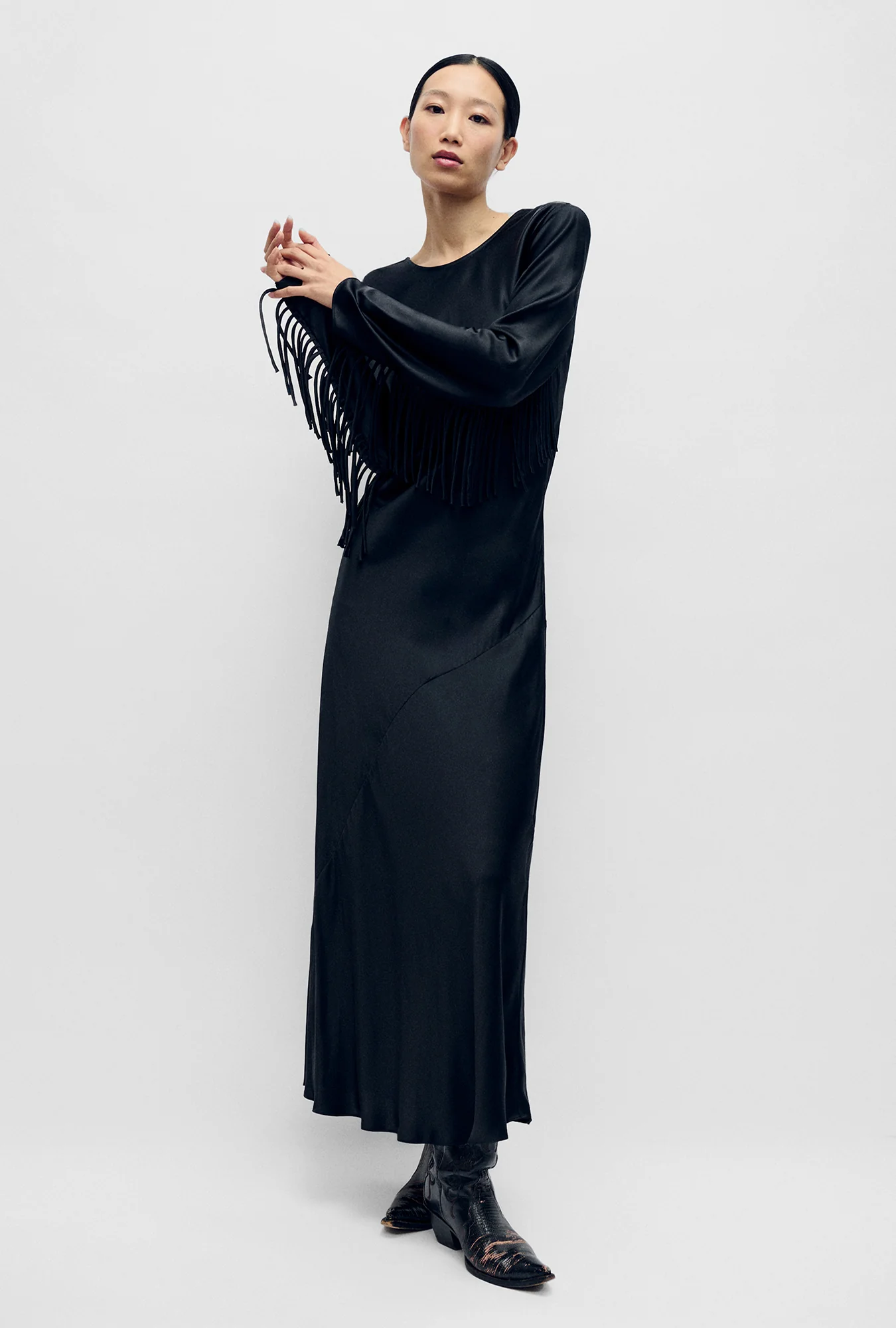 Fringe Full Sleeve Bias Dress Black - Image 4