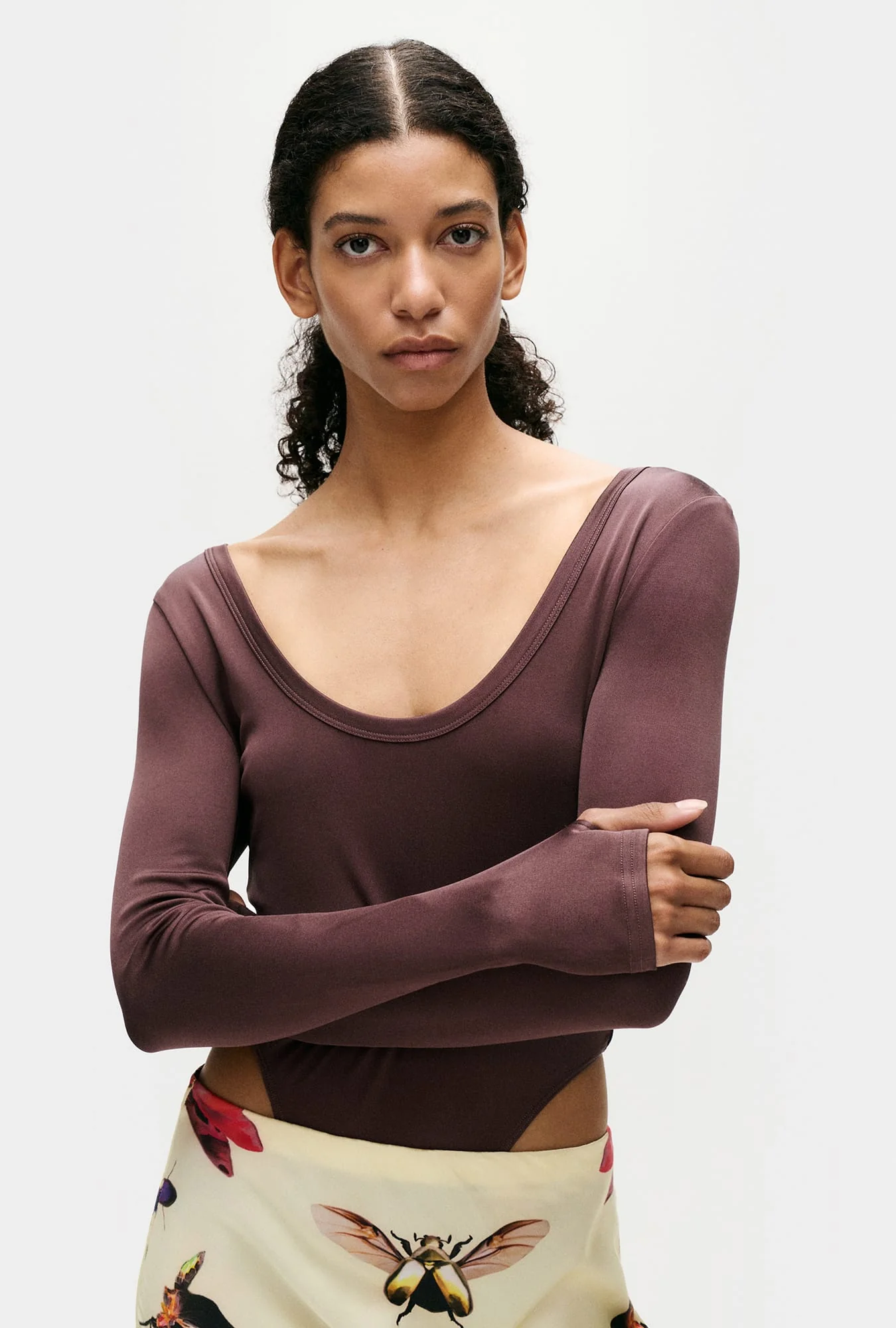 Jersey Modal Long Sleeve Cutaway Bodysuit Cacao - Image 2