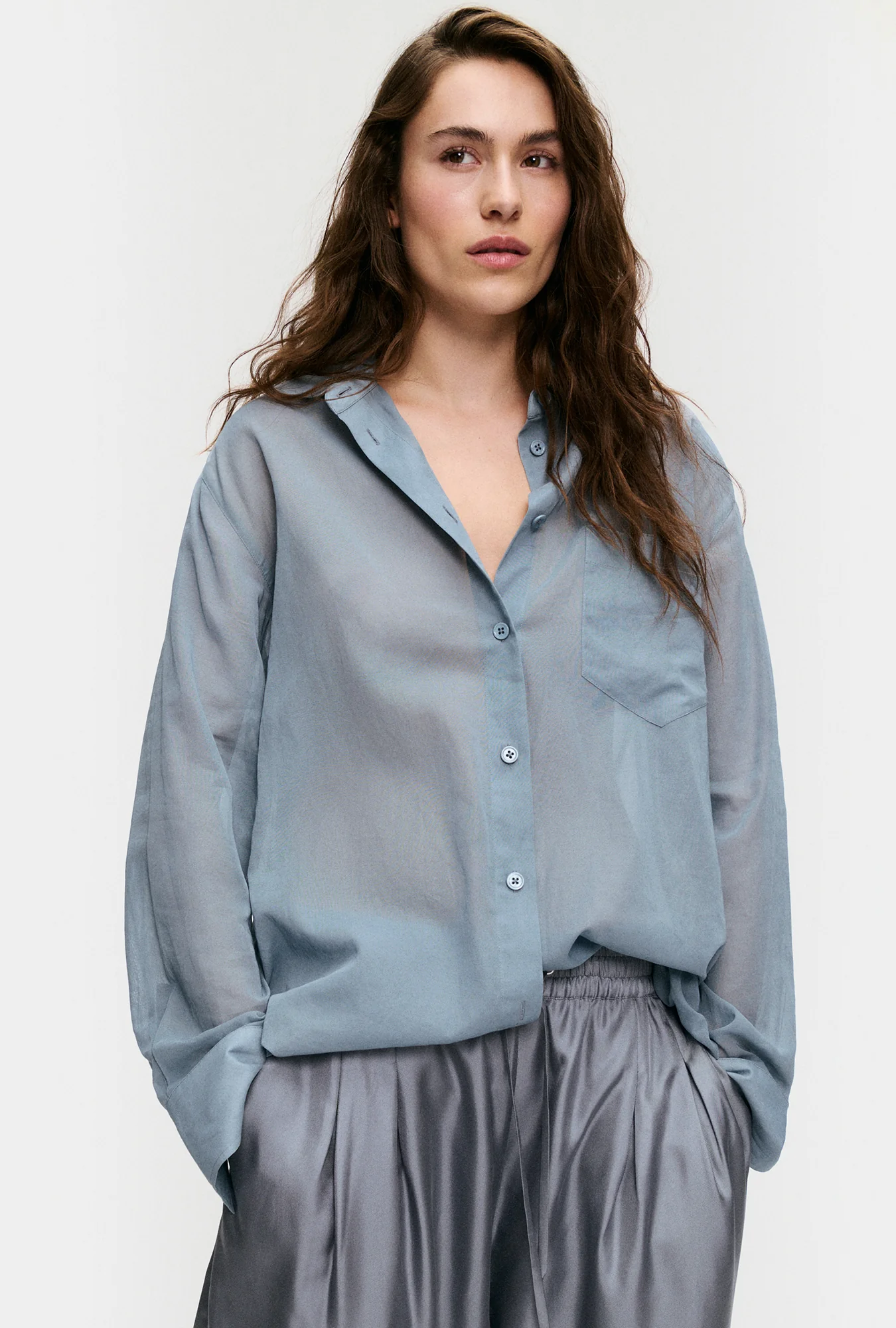 Sheer Cotton Pleated Yoke Shirt Storm - Image 3